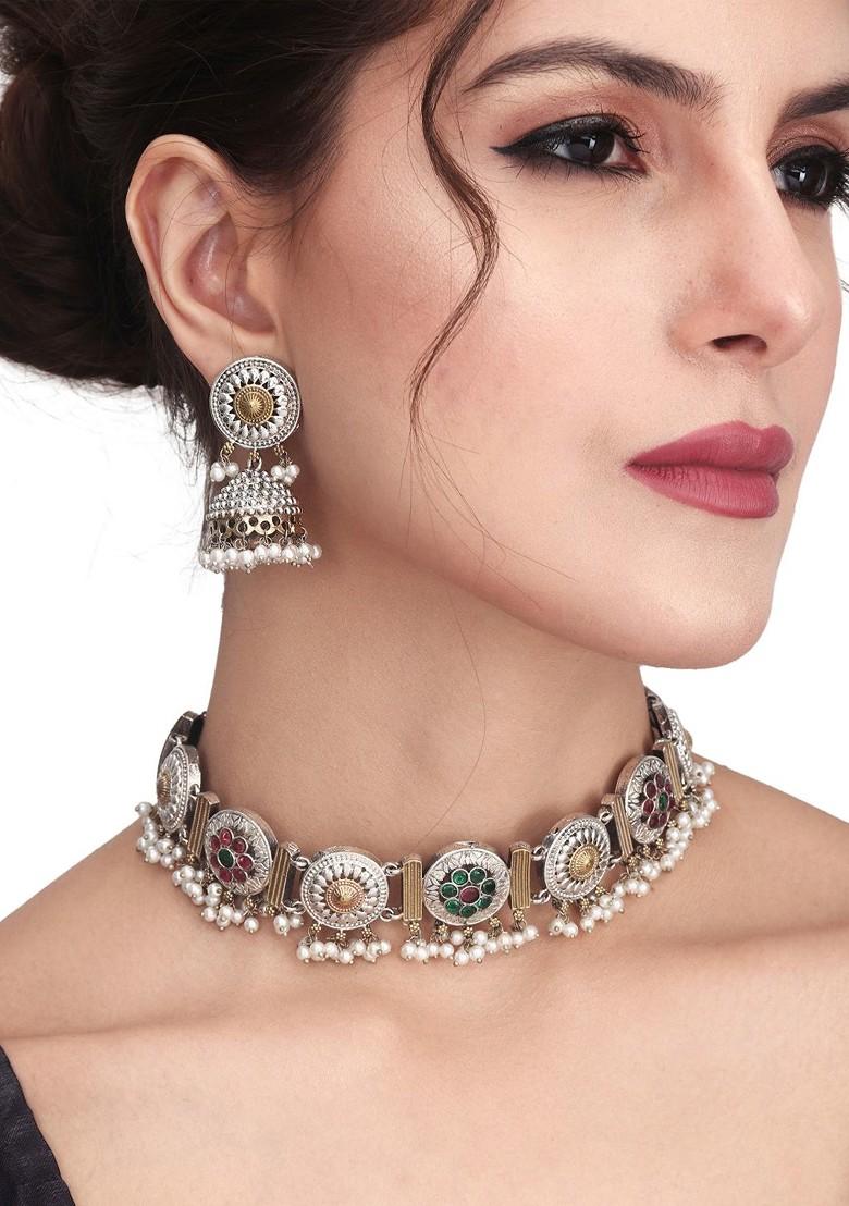 Gold Plated Ad Studded And Beaded Jewellery Set