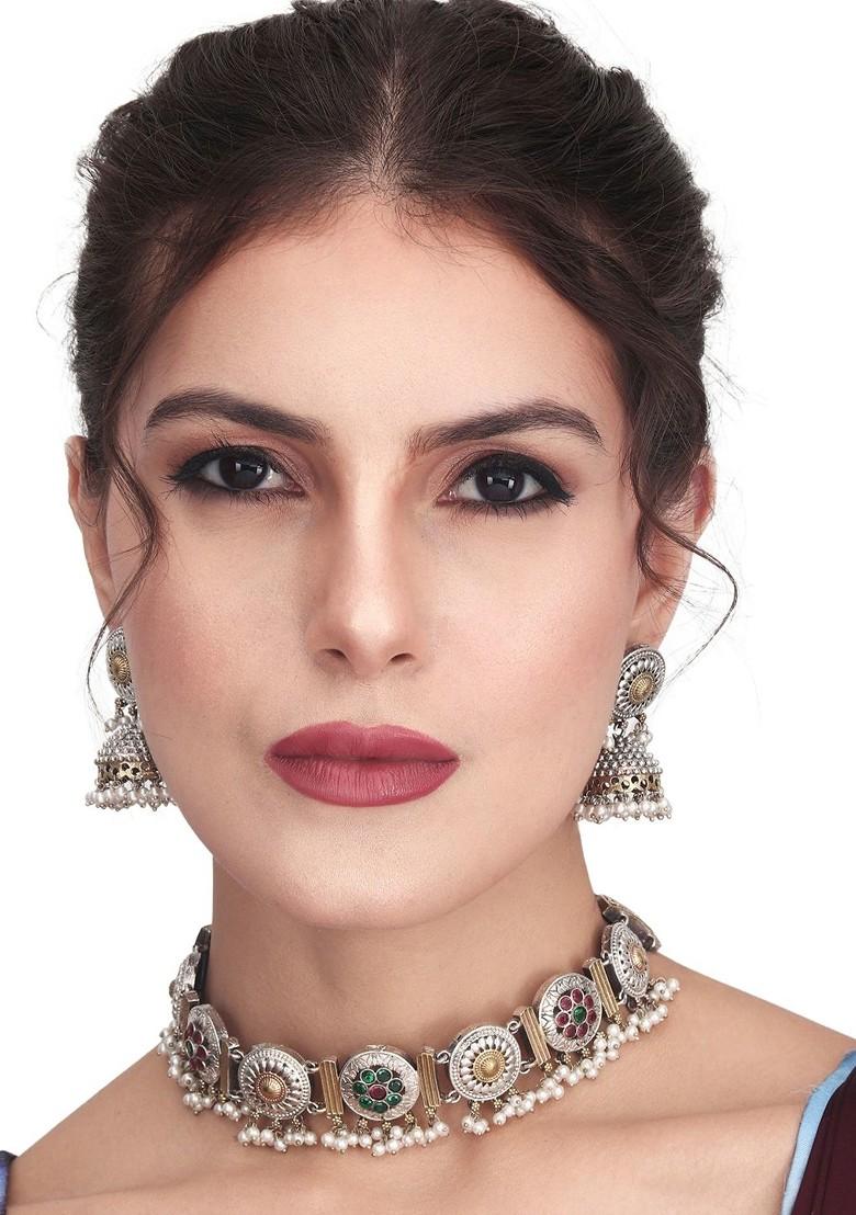 Gold Plated Ad Studded And Beaded Jewellery Set