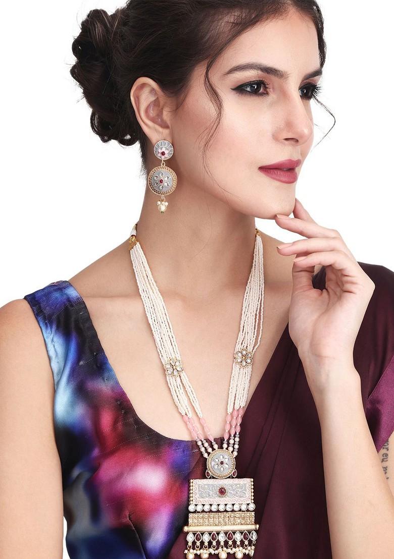 Gold Plated Kundan Studded And Beaded Meenakari Jewellery Set
