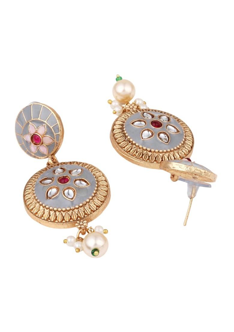 Gold Plated Kundan Studded And Beaded Meenakari Jewellery Set