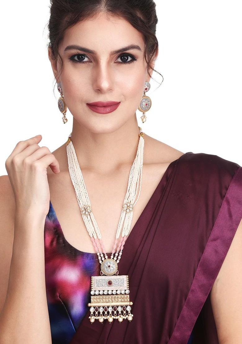 Gold Plated Kundan Studded And Beaded Meenakari Jewellery Set