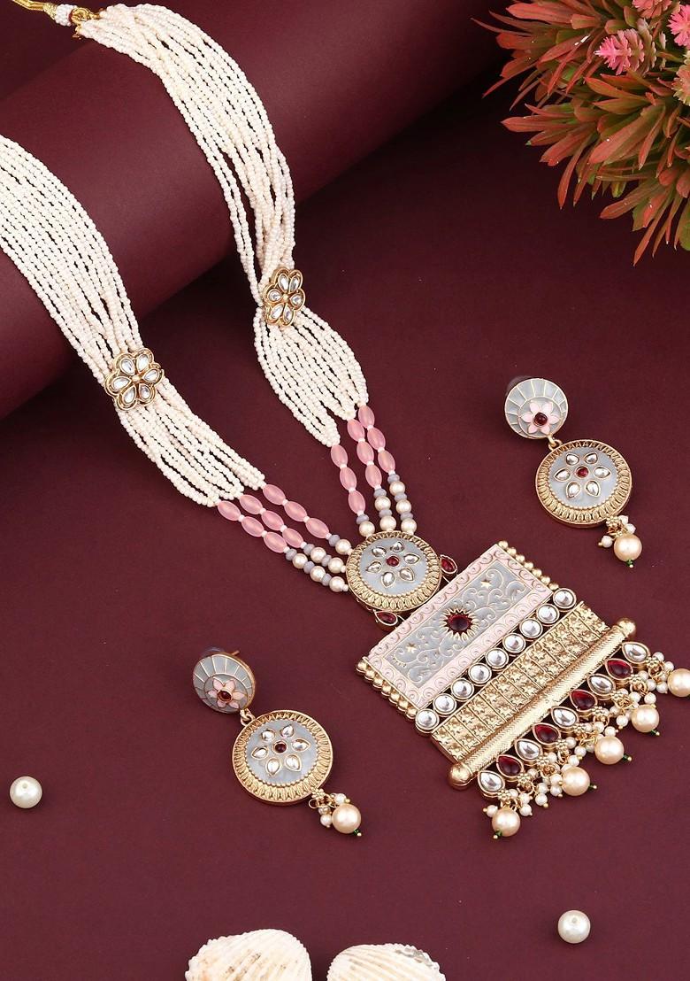 Gold Plated Kundan Studded And Beaded Meenakari Jewellery Set