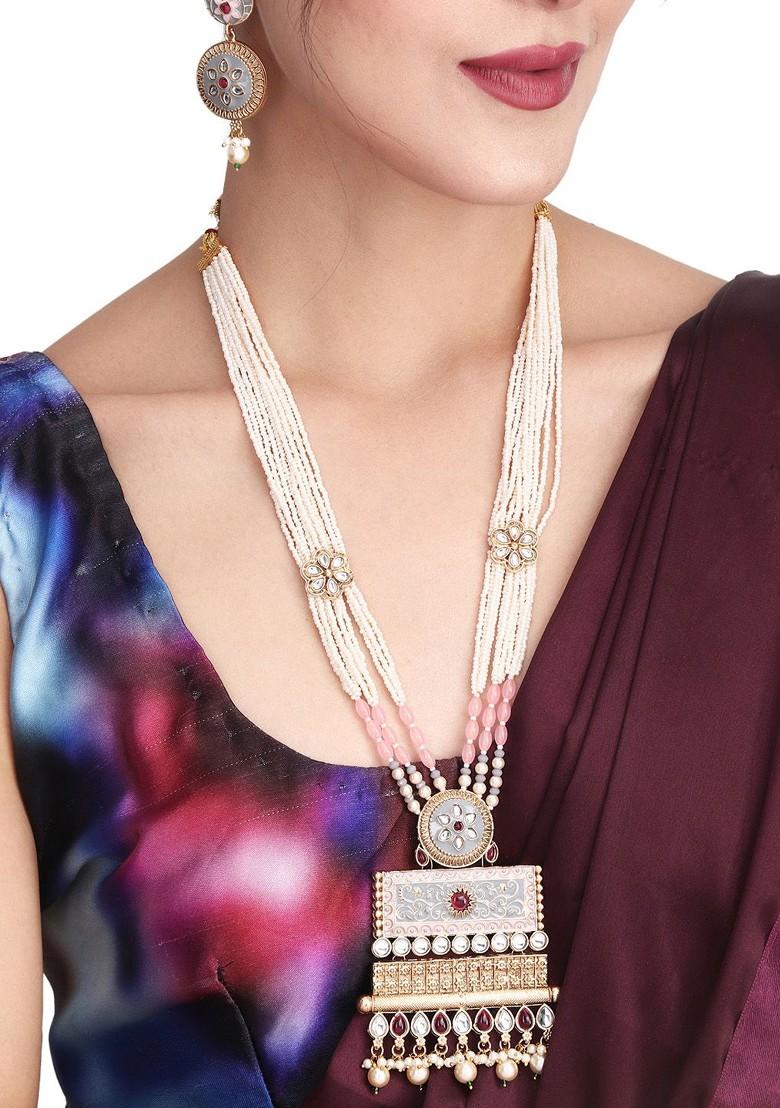 Gold Plated Kundan Studded And Beaded Meenakari Jewellery Set