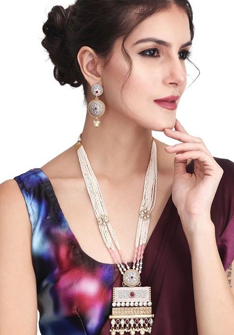 Gold Plated Kundan Studded And Beaded Meenakari Jewellery Set