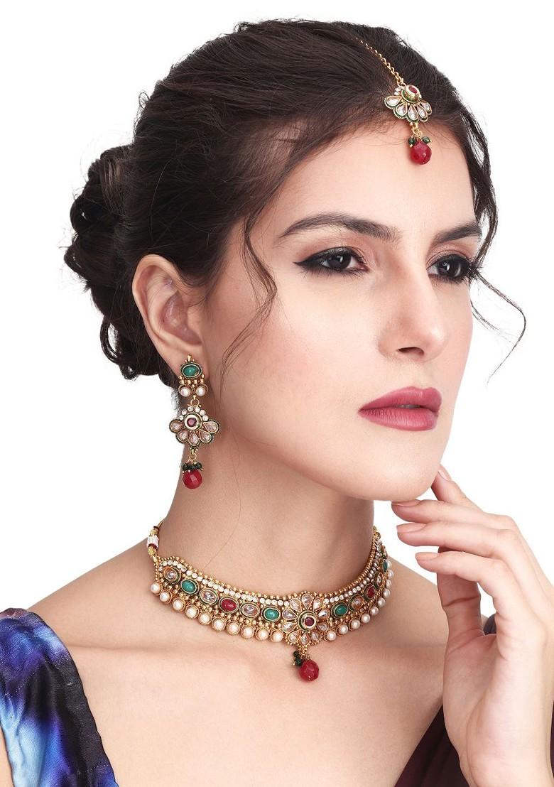 Gold Plated Stone Studded And Beaded Jewellery Set