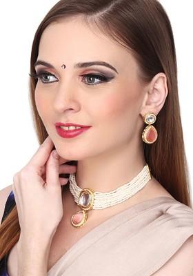 Gold Plated Kundan Studded And Beaded Jewellery Set - Indya