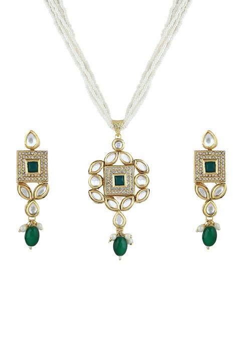 Gold Plated Kundan Studded And Beaded Necklace And Earrings
