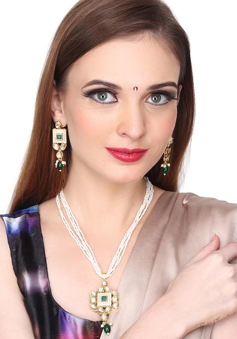 Gold Plated Kundan Studded And Beaded Necklace And Earrings