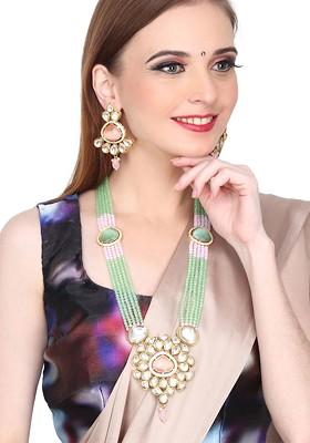 Gold Plated Kundan Studded And Beaded Necklace And Earrings