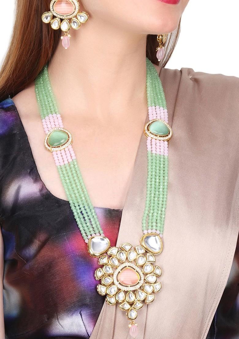 Gold Plated Kundan Studded And Beaded Necklace And Earrings