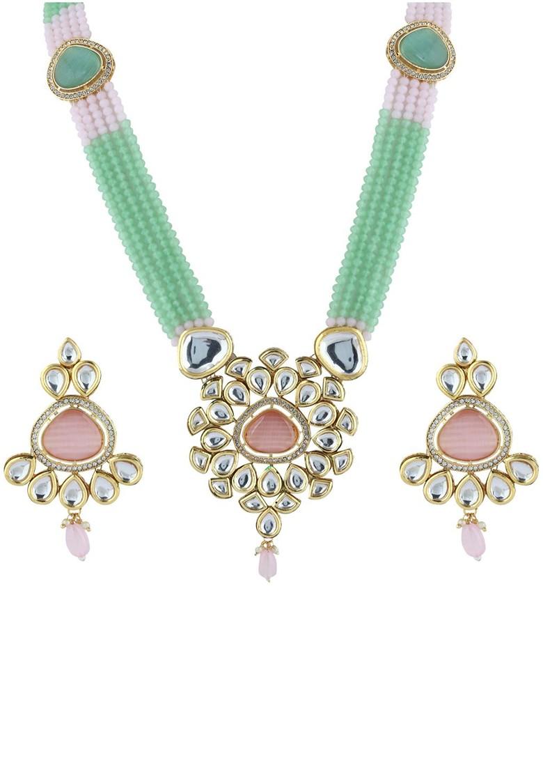 Gold Plated Kundan Studded And Beaded Necklace And Earrings