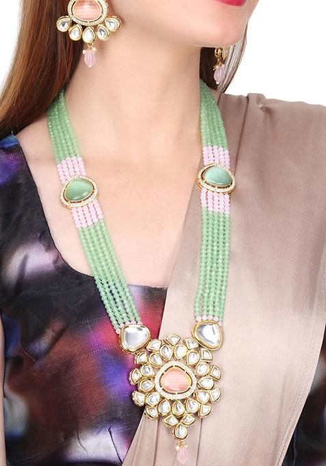 Gold Plated Kundan Studded And Beaded Necklace And Earrings