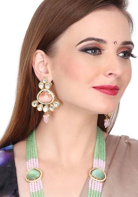 Gold Plated Kundan Studded And Beaded Necklace And Earrings
