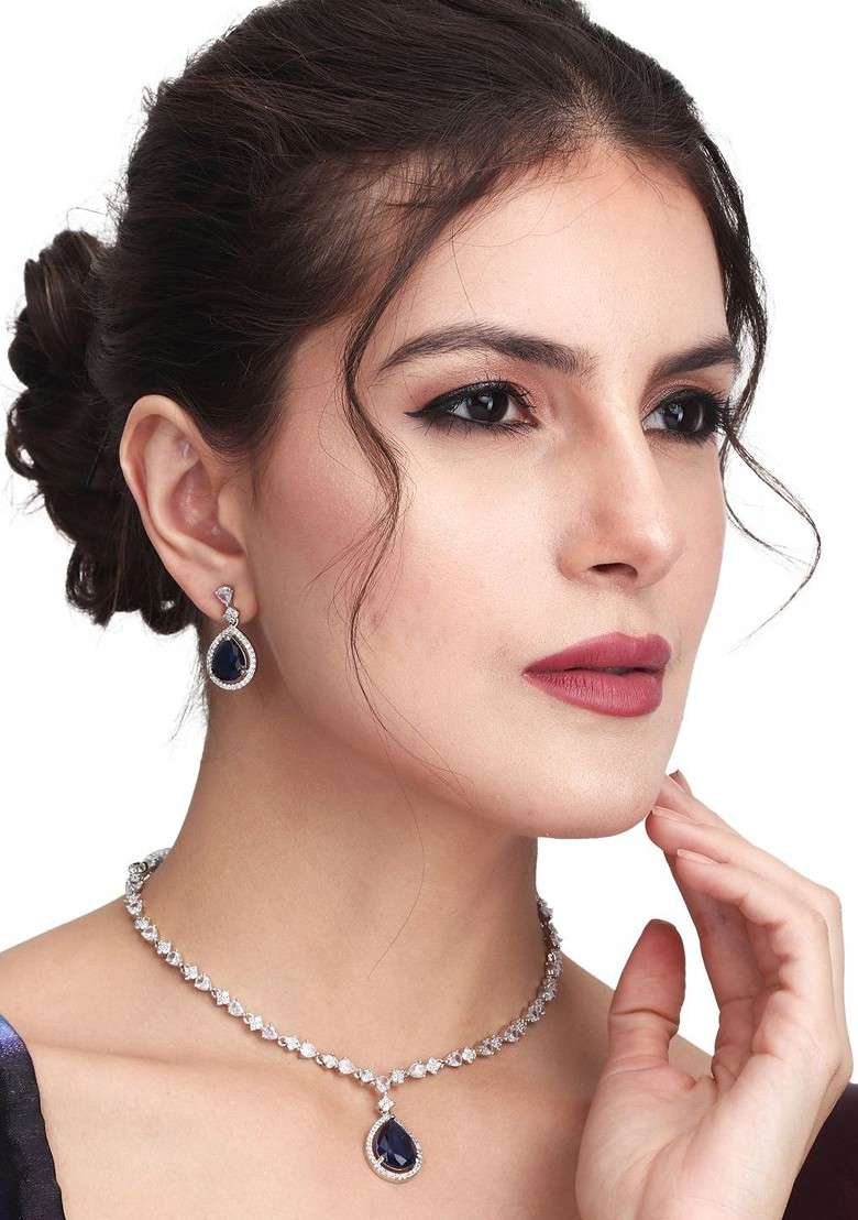 Silver Plated Cz Studded Jewellery Set - Indya