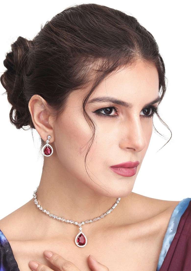 Silver Plated Cz Studded Jewellery Set - Indya