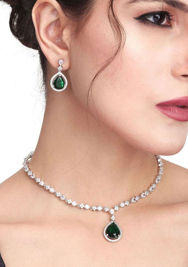 Silver Plated Cz Studded Jewellery Set - Indya