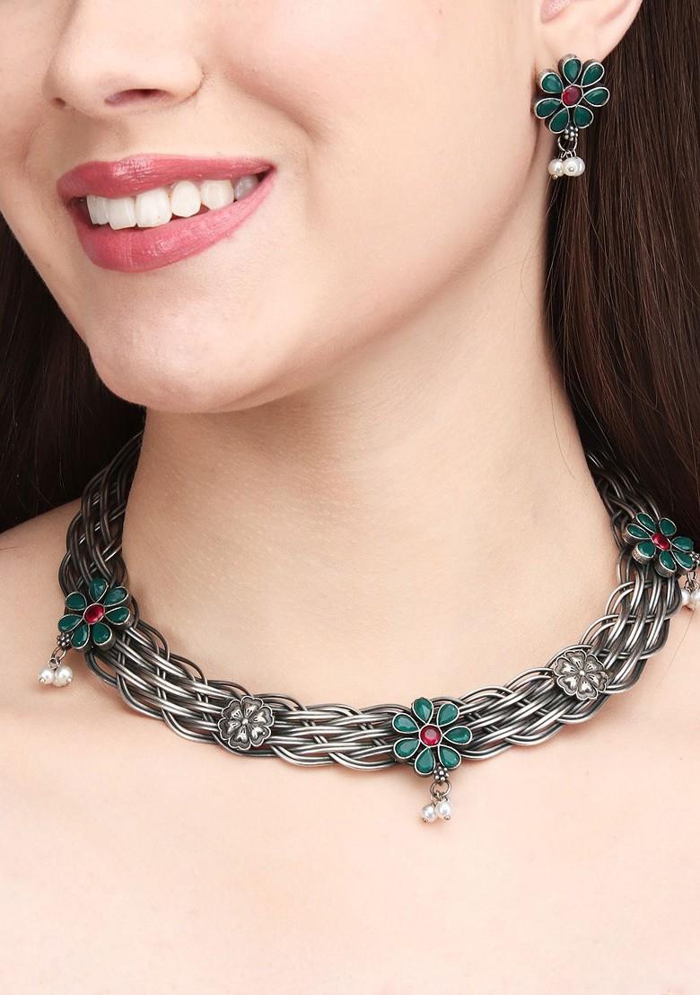 Silver Plated Stone Studded And Beaded Necklace And Earrings