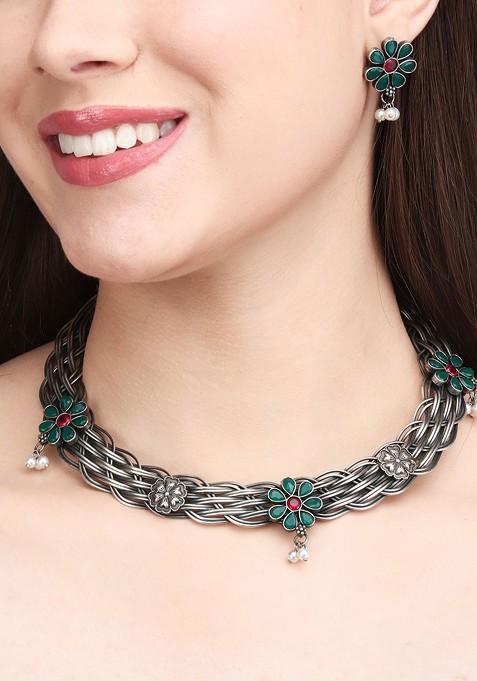 Silver Plated Stone Studded And Beaded Necklace And Earrings