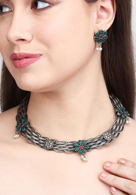 Silver Plated Stone Studded And Beaded Necklace And Earrings