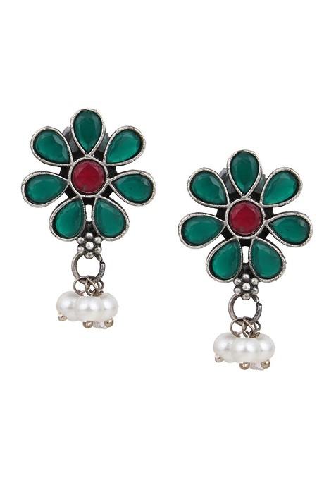 Silver Plated Stone Studded And Beaded Necklace And Earrings