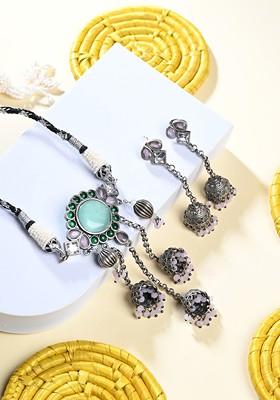 Silver Plated Artificial Stones Studded And Beaded Oxidized Neckless And Earrings