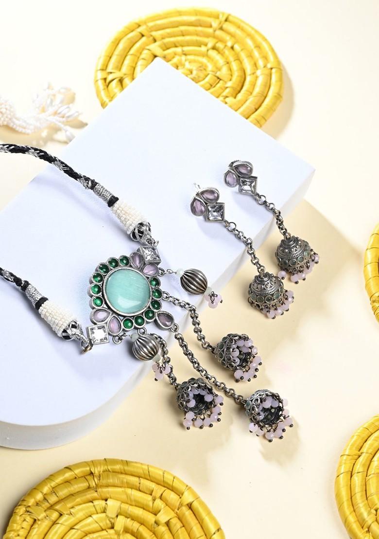 Silver Plated Artificial Stones Studded And Beaded Oxidized Neckless And Earrings
