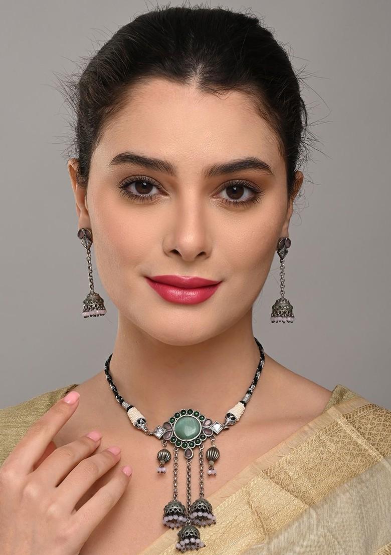 Silver Plated Artificial Stones Studded And Beaded Oxidized Neckless And Earrings