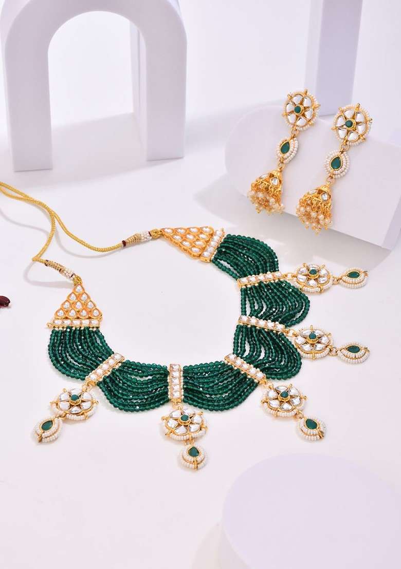 Gold Plated Kundan Studded And Beaded Jewellery Set - Indya