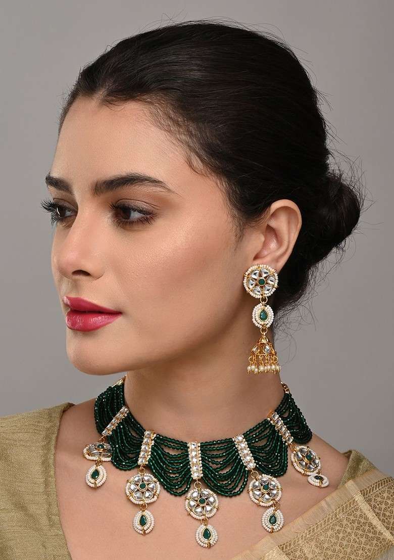 Gold Plated Kundan Studded And Beaded Jewellery Set - Indya