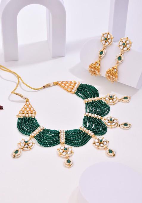 Gold Plated Kundan Studded And Beaded Jewellery Set