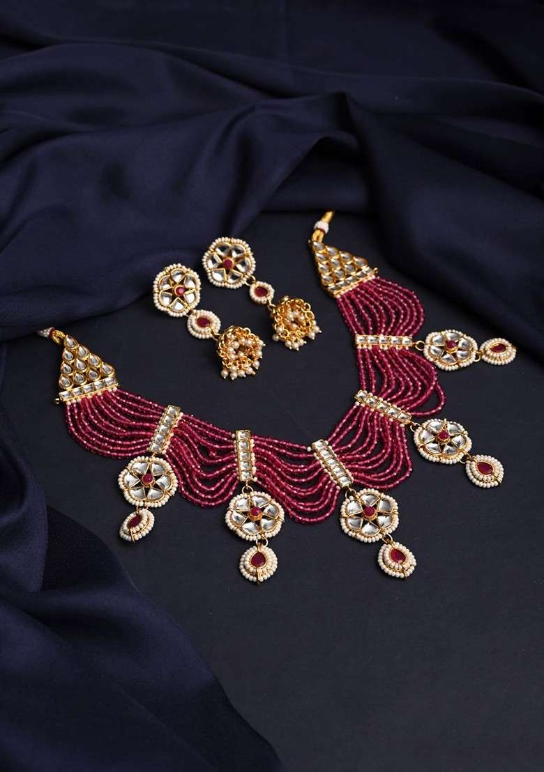 Gold Plated Kundan Studded And Beaded Jewellery Set - Indya