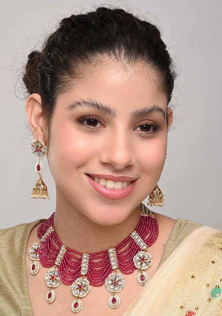 Gold Plated Kundan Studded And Beaded Jewellery Set - Indya