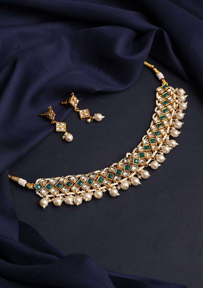 Gold Plated Kundan Studded And Beaded Jewellery Set - Indya
