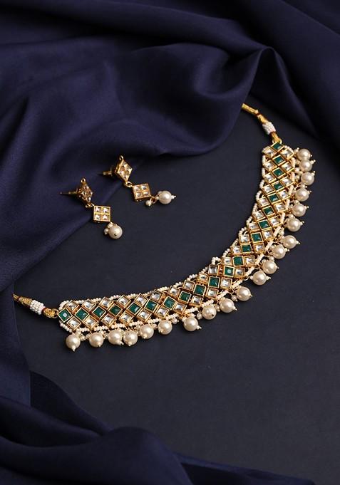 Gold Plated Kundan Studded And Beaded Jewellery Set