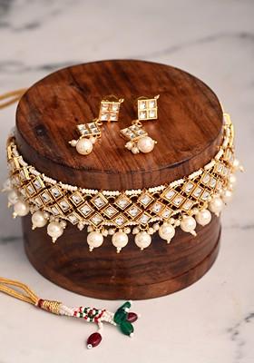 Gold Plated Artificial Stones Studded And Beaded Neckless And Earrings