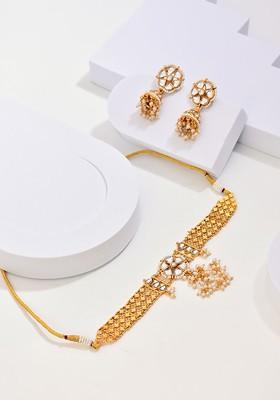 Gold Plated Stone Studded And Beaded Necklace And Earrings