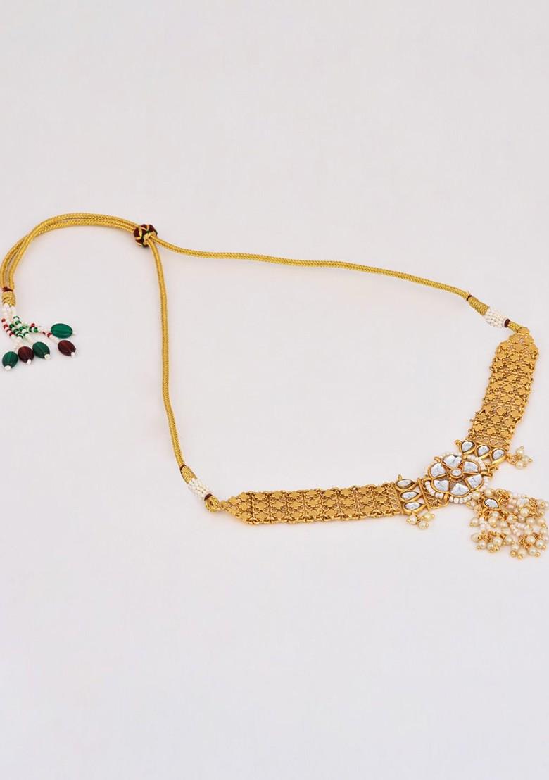 Gold Plated Stone Studded And Beaded Necklace And Earrings