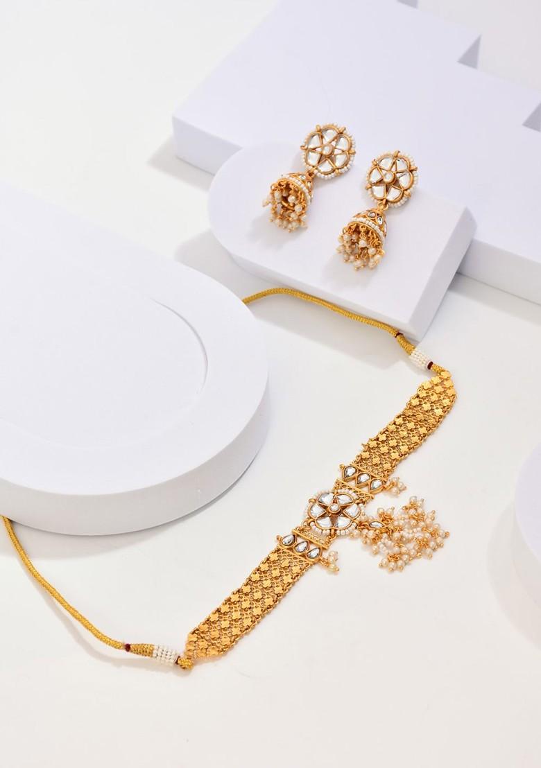 Gold Plated Stone Studded And Beaded Necklace And Earrings