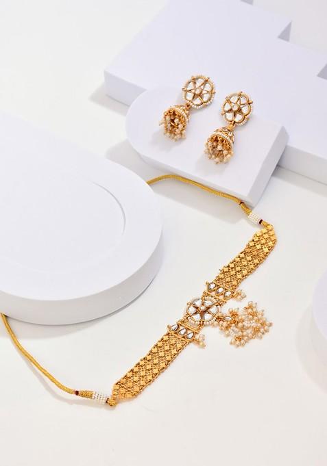 Gold Plated Stone Studded And Beaded Necklace And Earrings