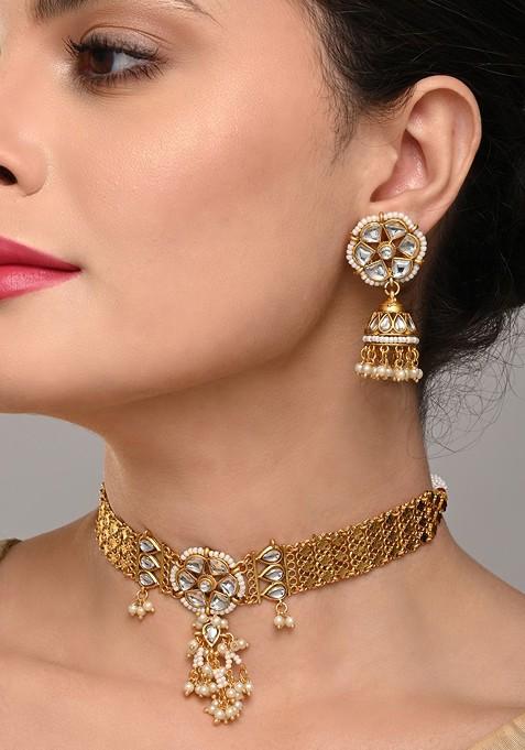 Gold Plated Stone Studded And Beaded Necklace And Earrings