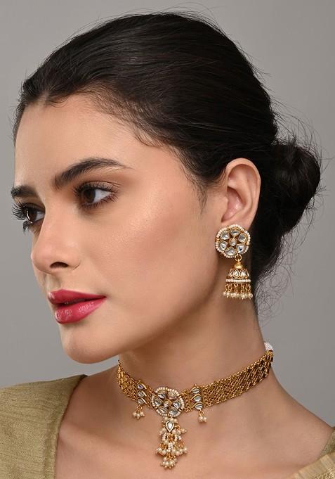 Gold Plated Stone Studded And Beaded Necklace And Earrings