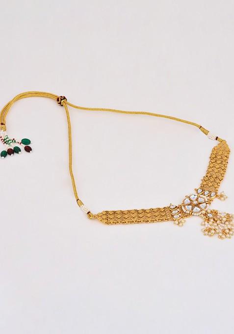 Gold Plated Stone Studded And Beaded Necklace And Earrings