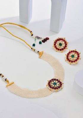 Gold Plated Stone Studded And Beaded Necklace And Earrings