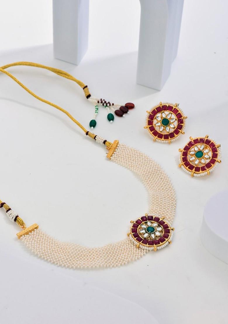 Gold Plated Stone Studded And Beaded Necklace And Earrings