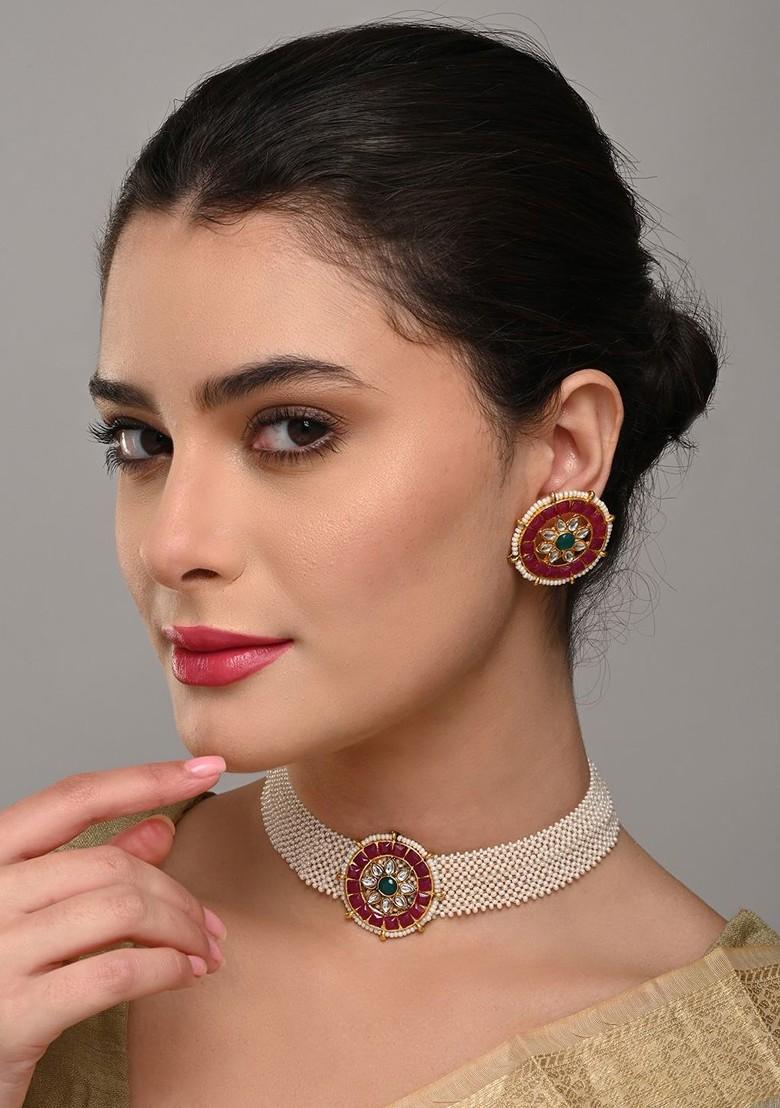 Gold Plated Stone Studded And Beaded Necklace And Earrings