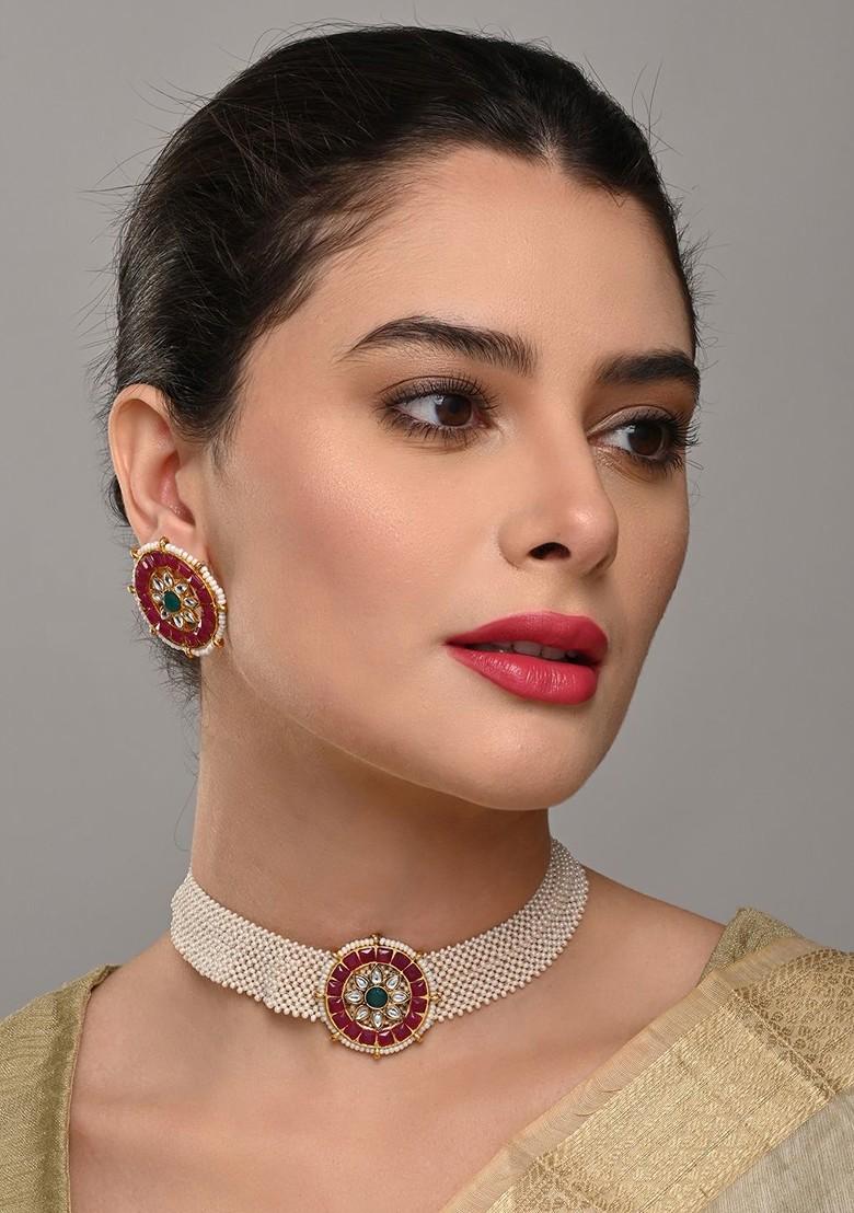 Gold Plated Stone Studded And Beaded Necklace And Earrings