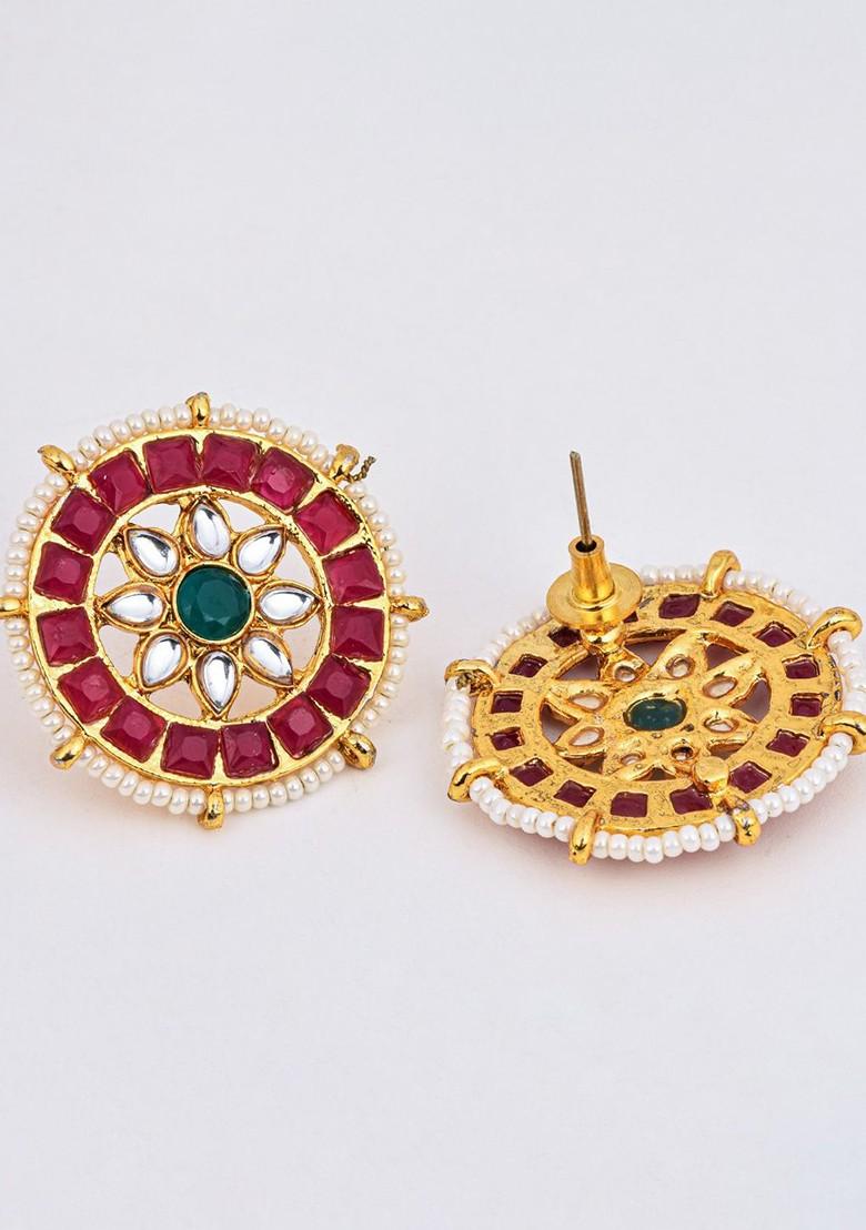 Gold Plated Stone Studded And Beaded Necklace And Earrings