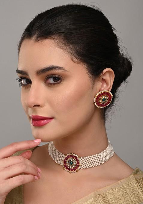 Gold Plated Stone Studded And Beaded Necklace And Earrings