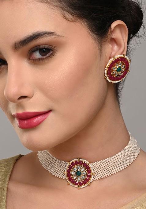 Gold Plated Stone Studded And Beaded Necklace And Earrings