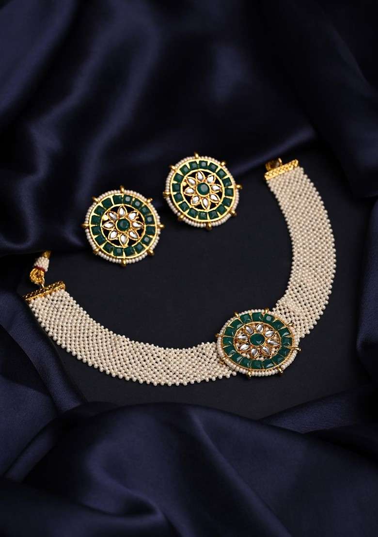 Gold Plated Kundan Studded And Beaded Jewellery Set - Indya